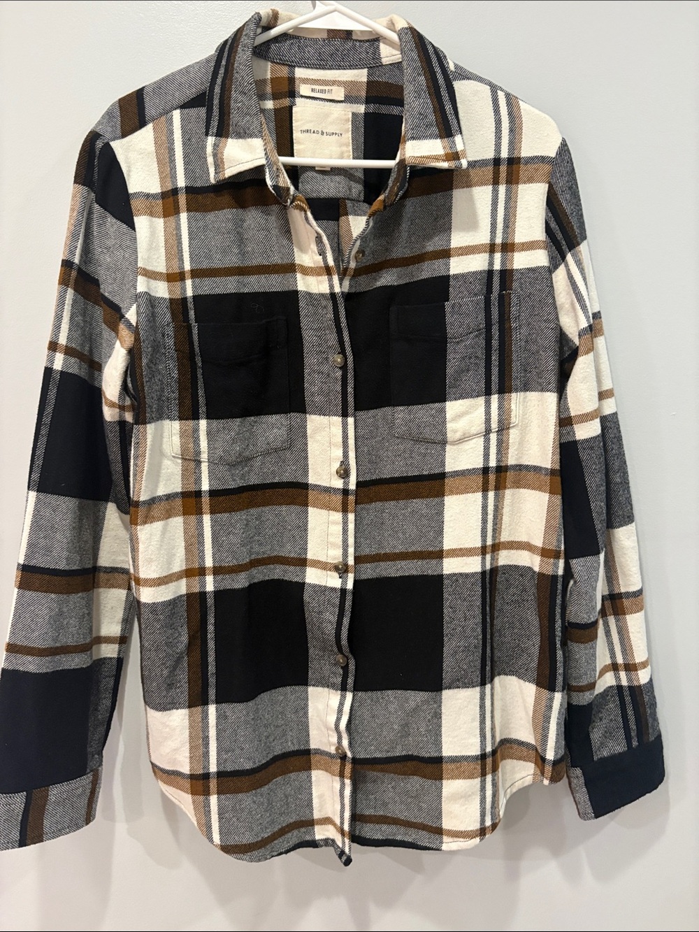 Thread & Supply Plaid Button-Down Shirt in Black, Gray & Brown ptp 22 length 30